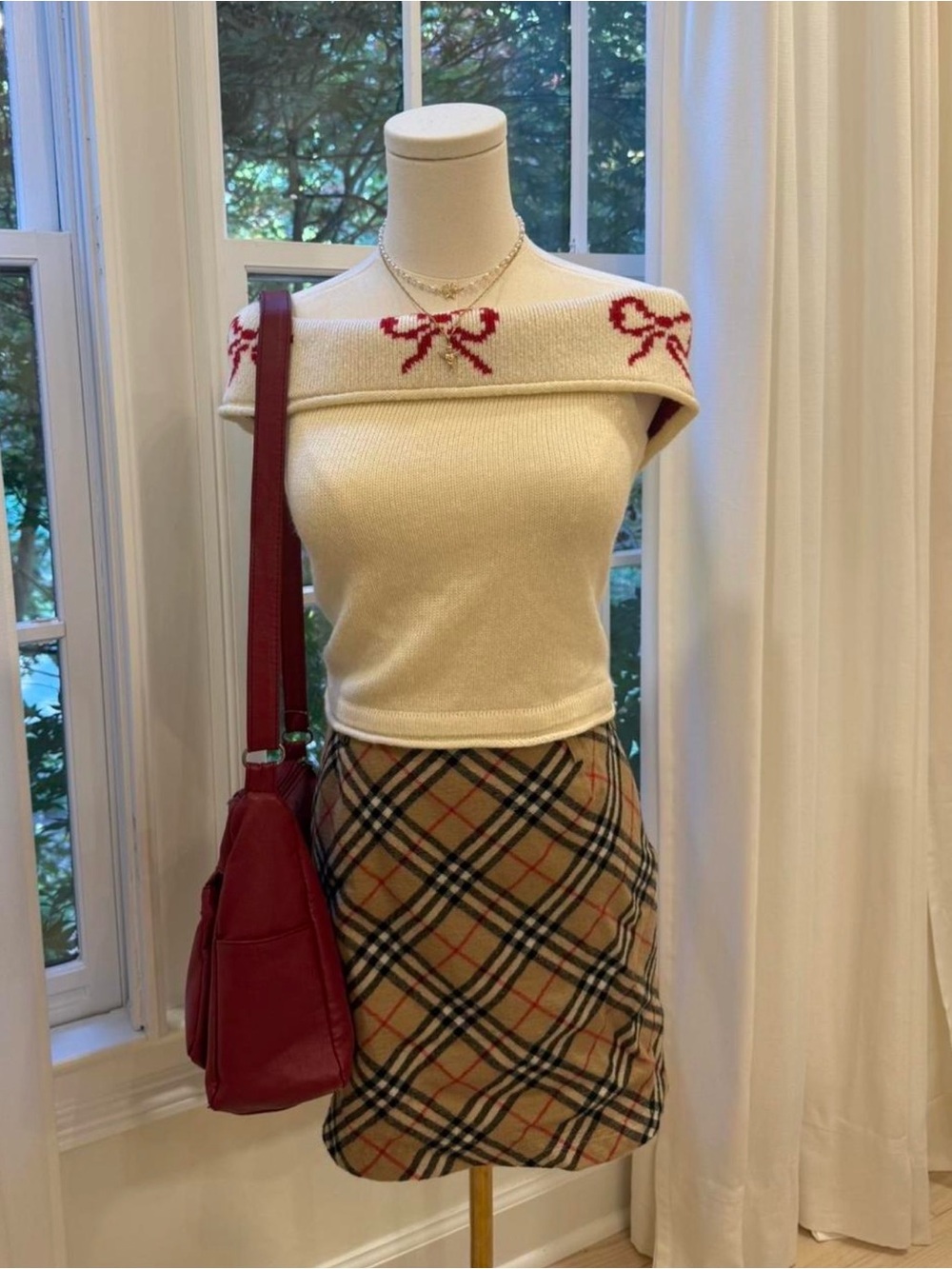Cream Off-Shoulder Knit Top with Red Bow Trim - Women's